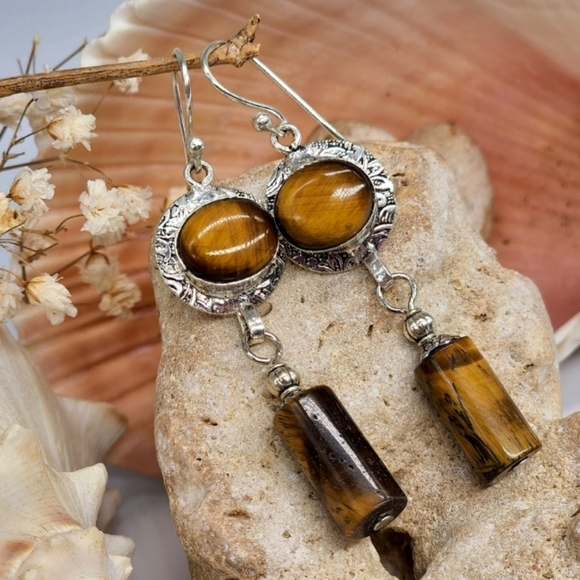 Silver 925 Dangling Bohemian Earrings Natural Tiger Eye Stone - Picture 1 of 10